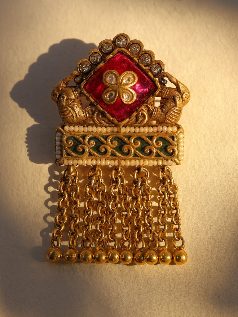 Aanura Gold-Plated Green Kundan Tassel Ring