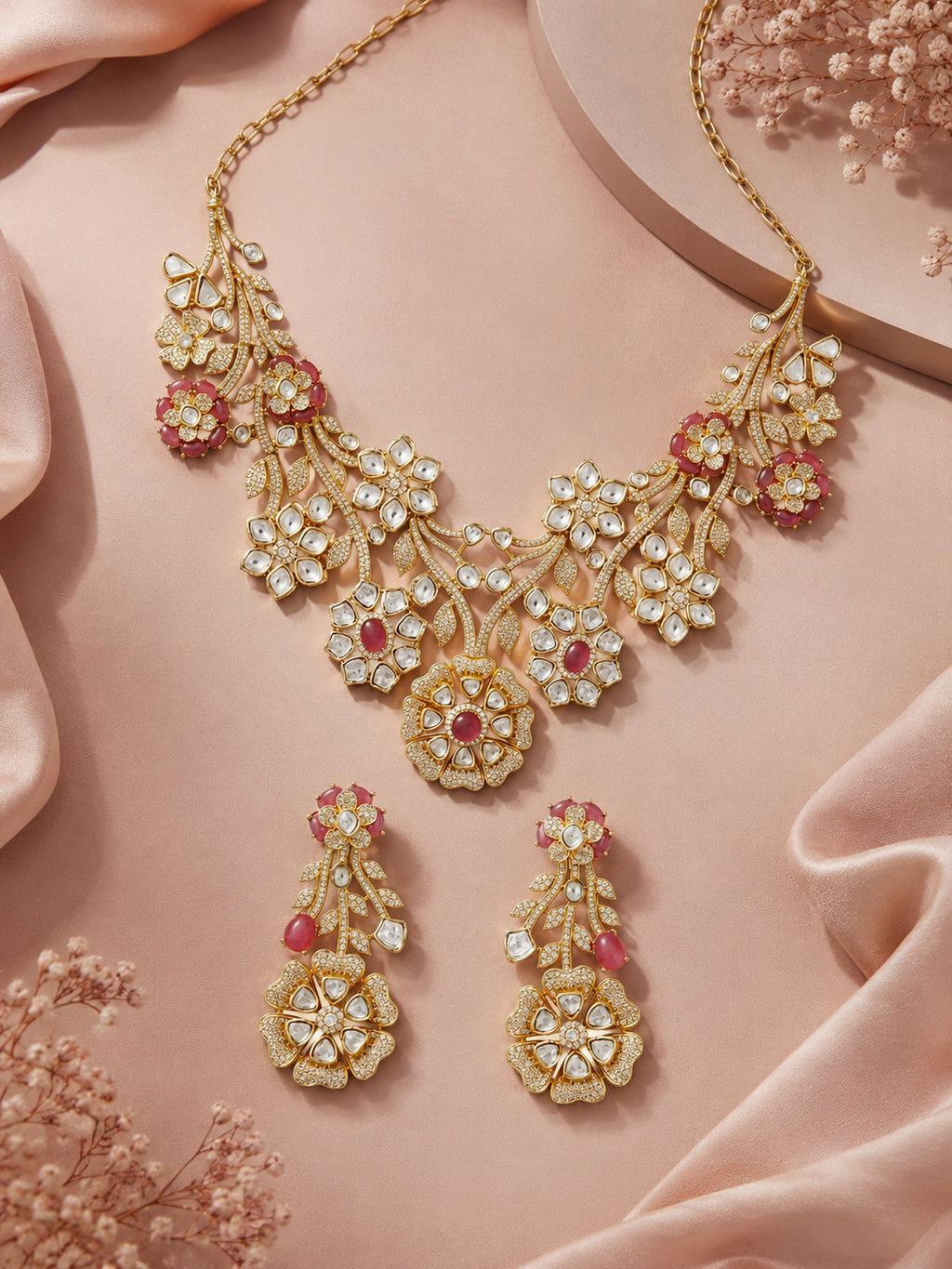 Aanura Floral Kundan Bridal Necklace Set with Earrings