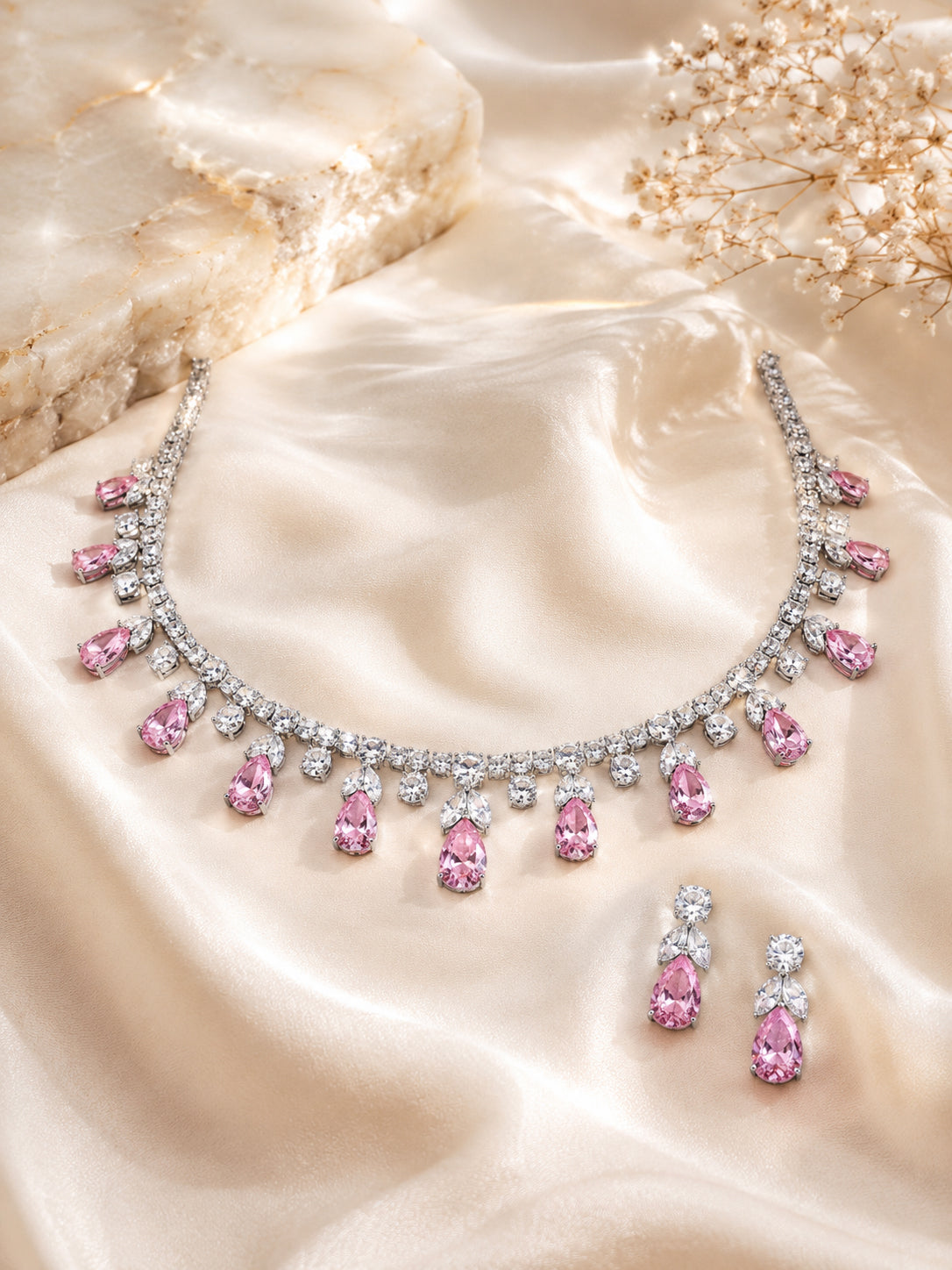 Aanura Purple Teardrop Crystal Necklace Set with Earrings