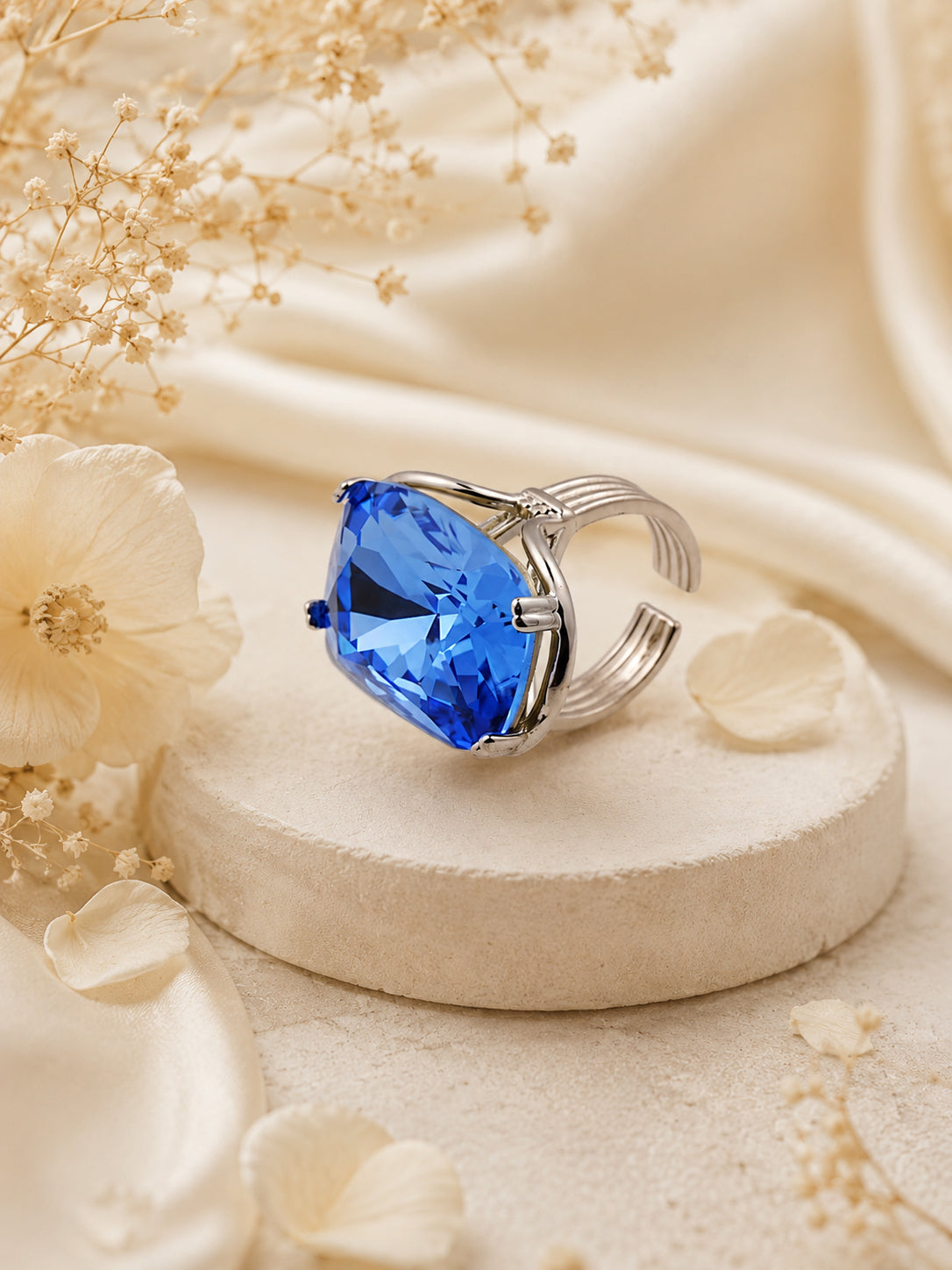 Rhodium Plated Blue Crystal Statement Ring