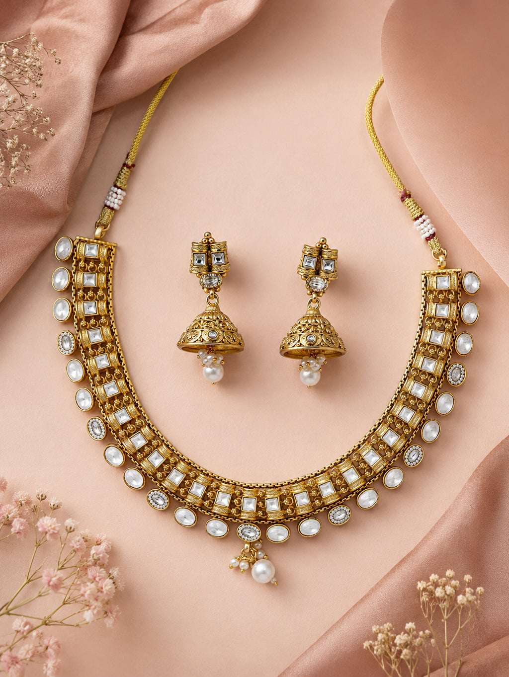 Classic Kundan Pearl Drop Necklace with Matching Earrings