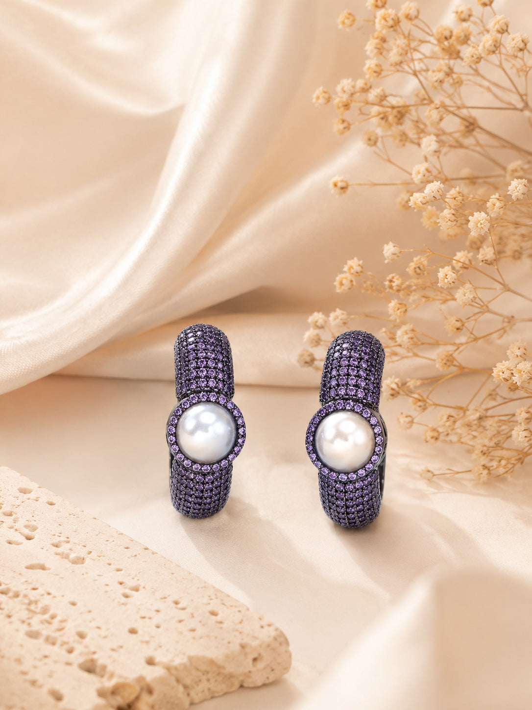 Aanura Purple Pavé Pearl Hoop Earrings