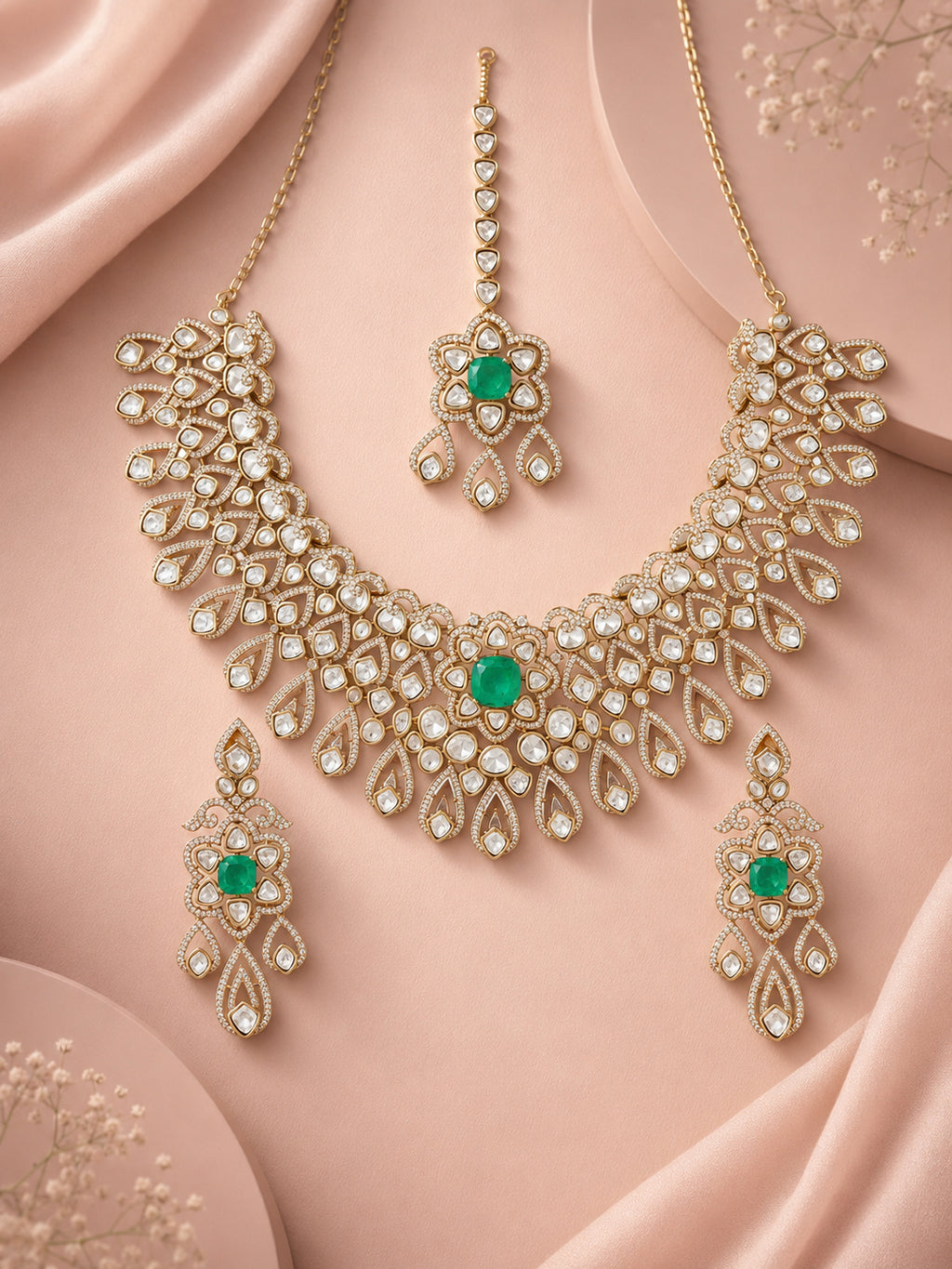 Aanura Bridal Emerald Kundan Necklace with Tikka Set