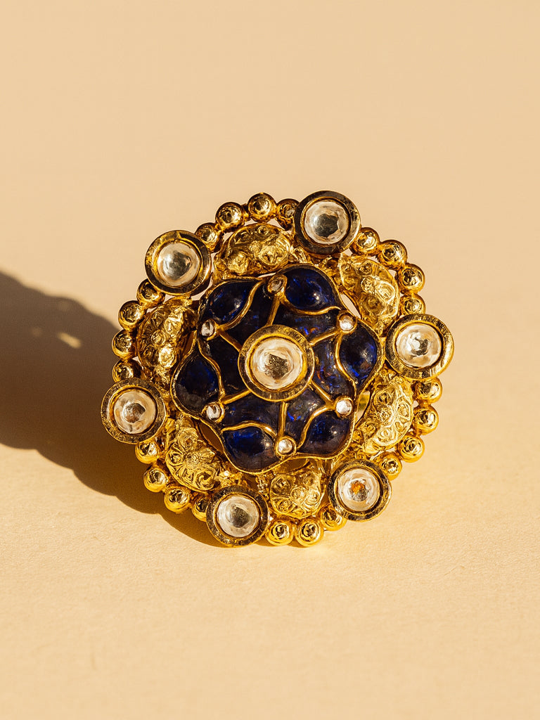 Aanura Gold-Plated Round Ruby & Green Floral Ring