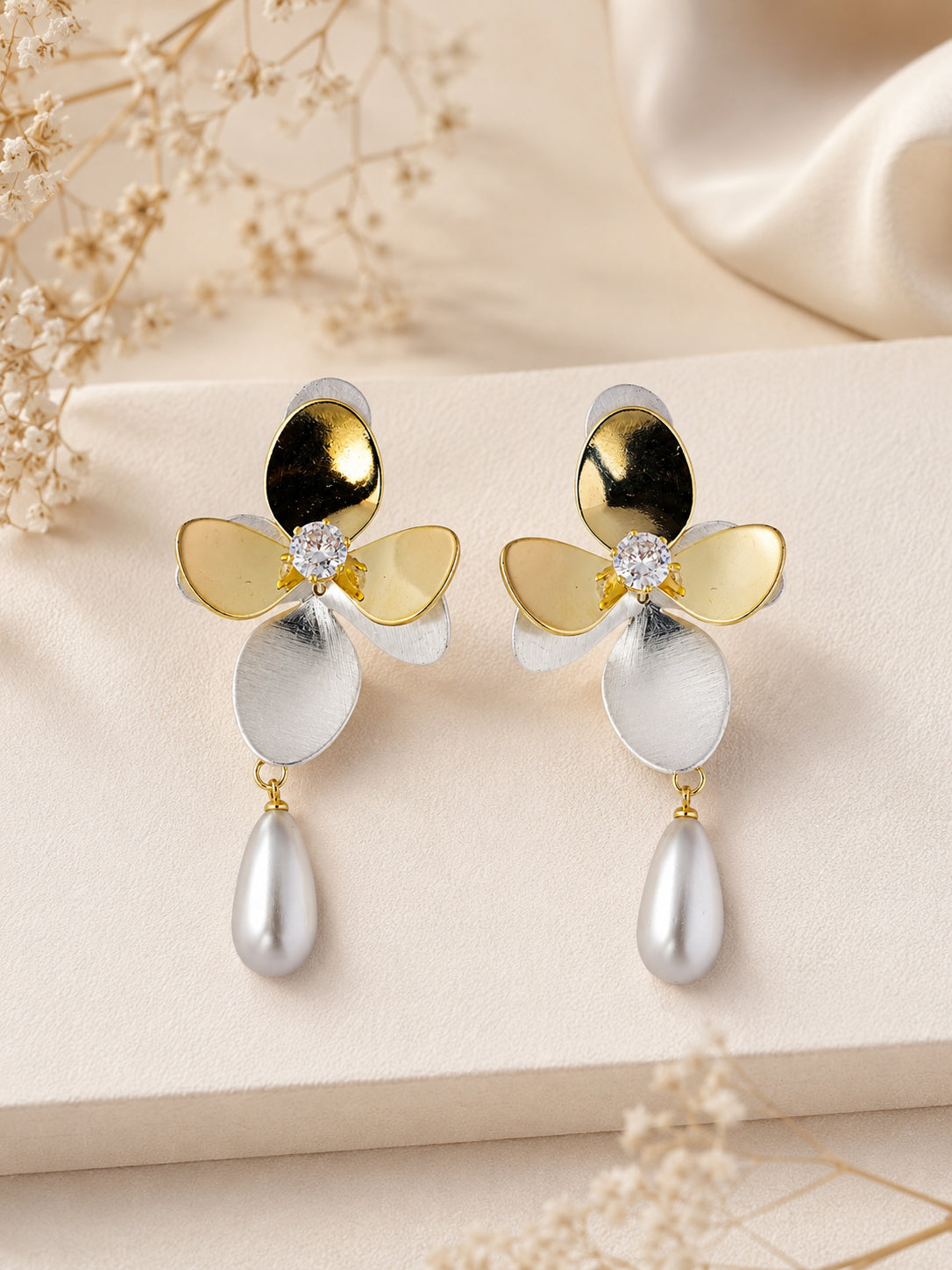 Aanura Pearl Drop Floral Gold Earrings