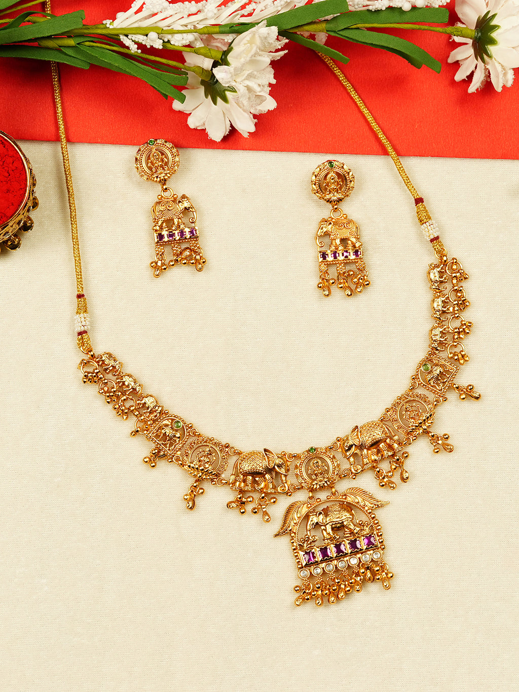 Aanura Gold Plated Heritage Temple Necklace Set