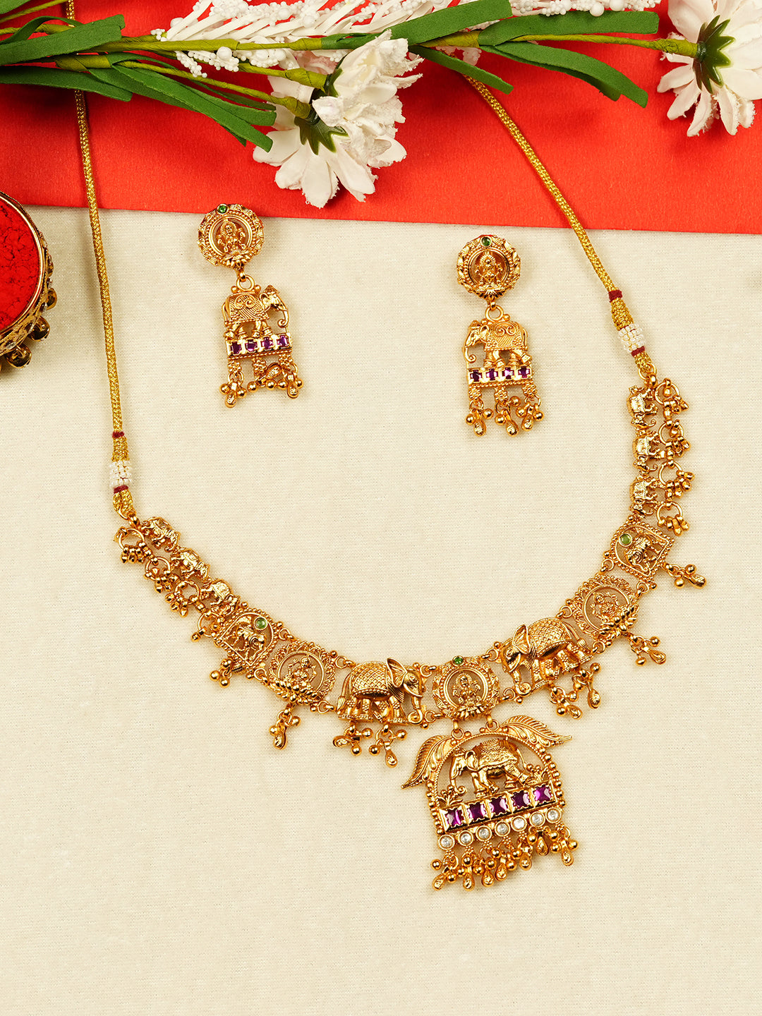 Aanura Gold Plated Heritage Temple Necklace Set