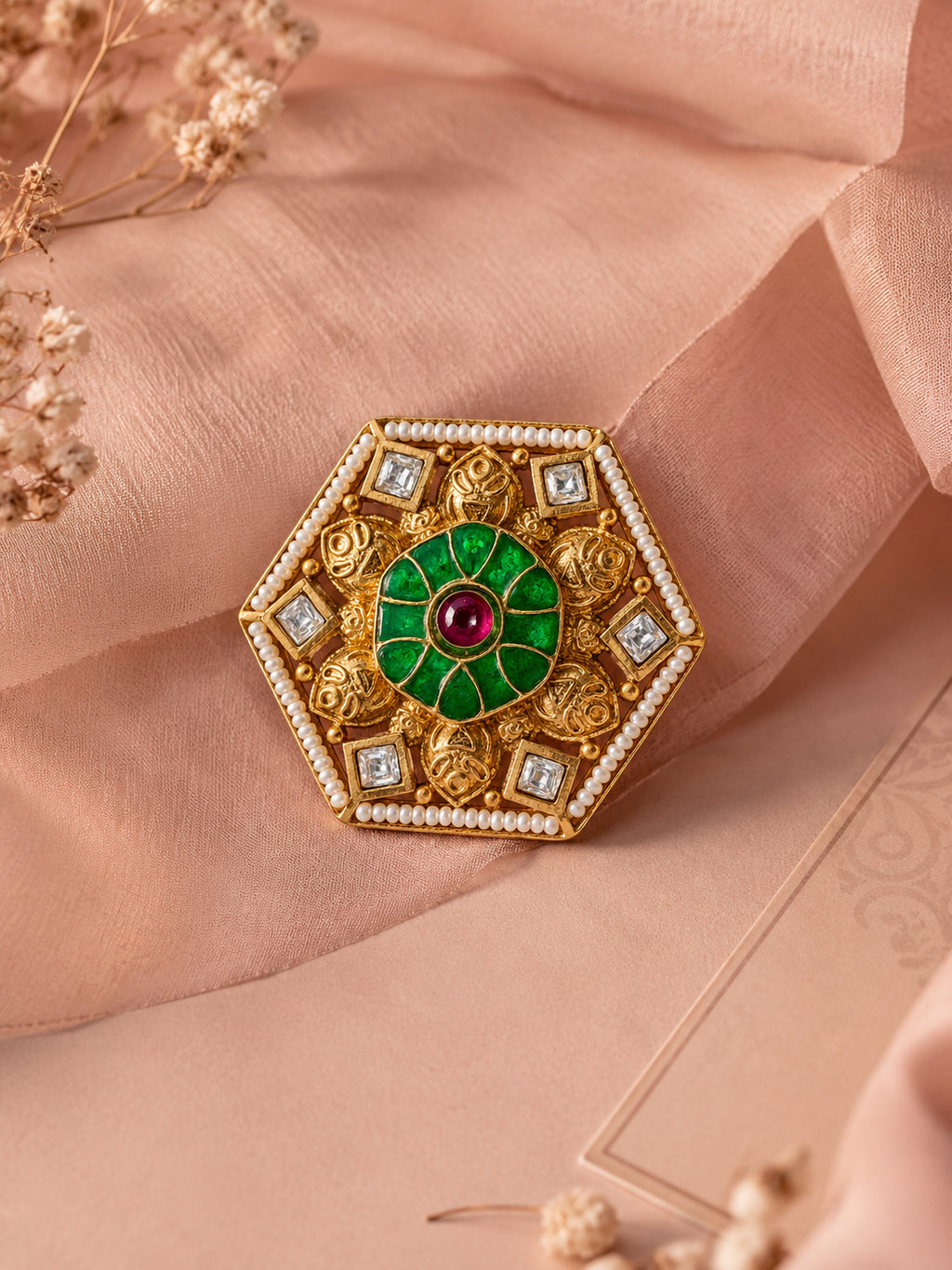 Aanura Gold-Plated Hexagon Green & Ruby Statement Ring