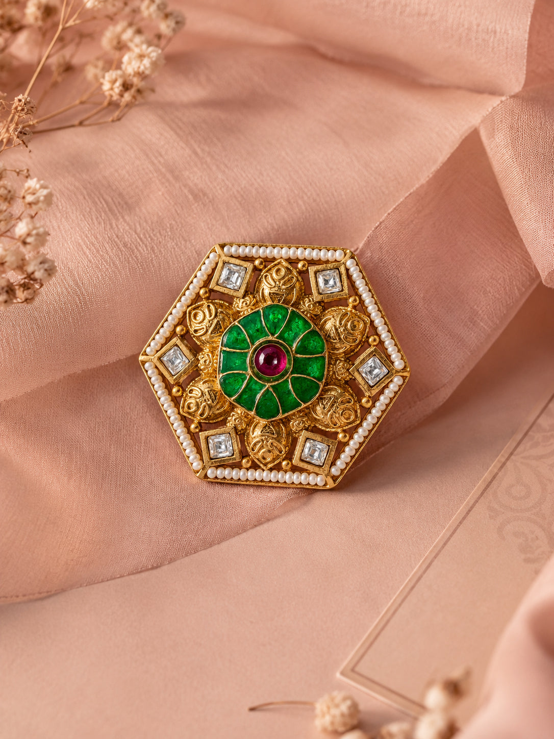 Aanura Gold-Plated Hexagon Green & Ruby Statement Ring