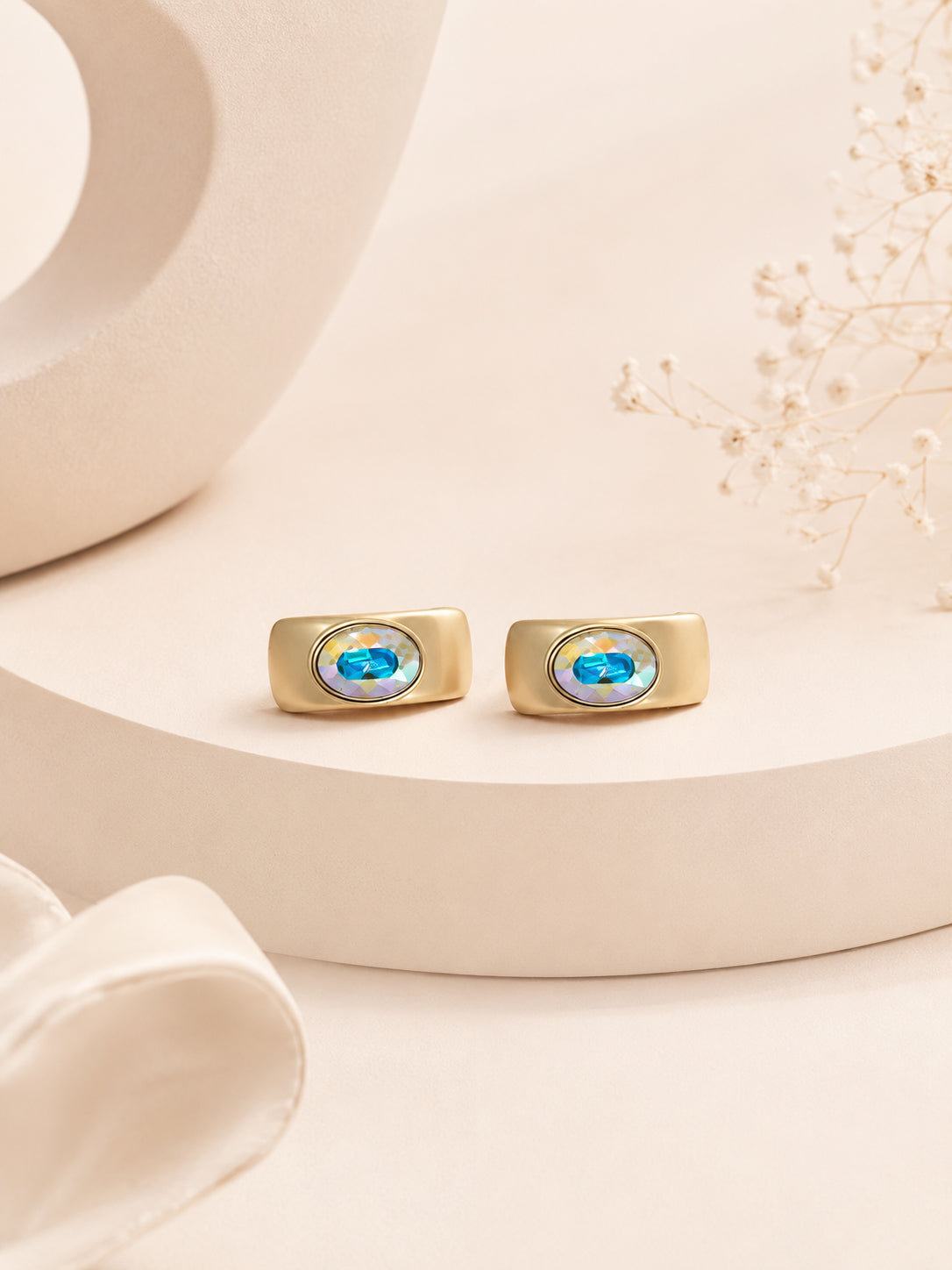 Oval Crystal Hoop Earrings in 18K Gold Plating