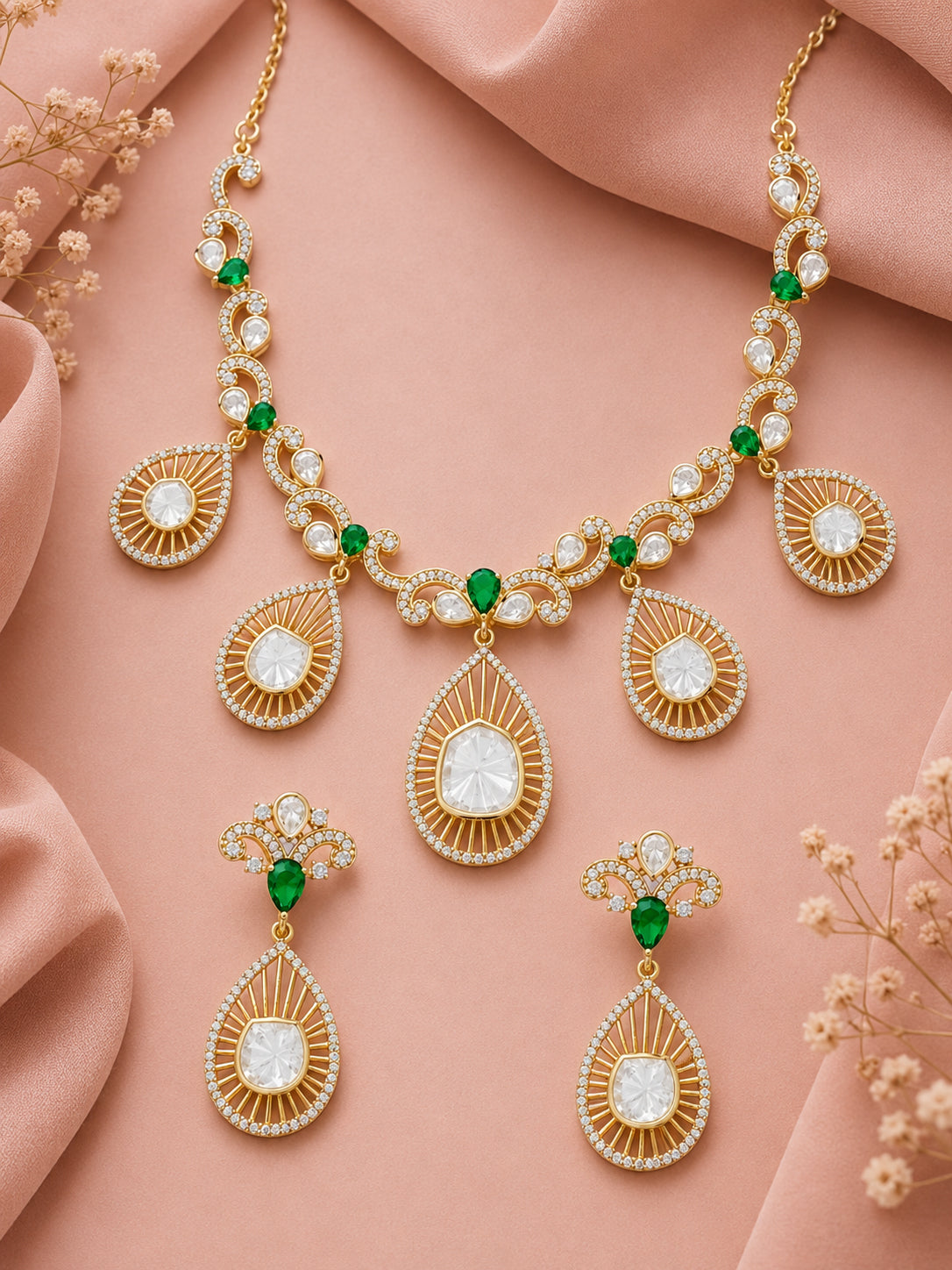 Aanura Pear Drop Necklace & Earrings with Stones