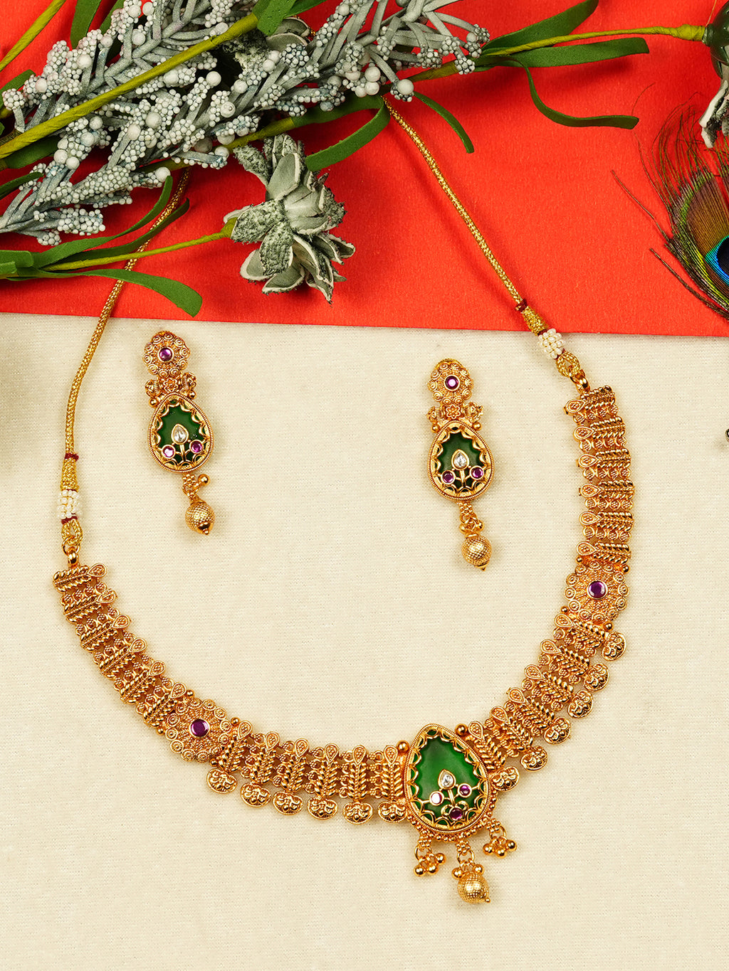 Aanura Gold Plated Emerald Aura Necklace Set