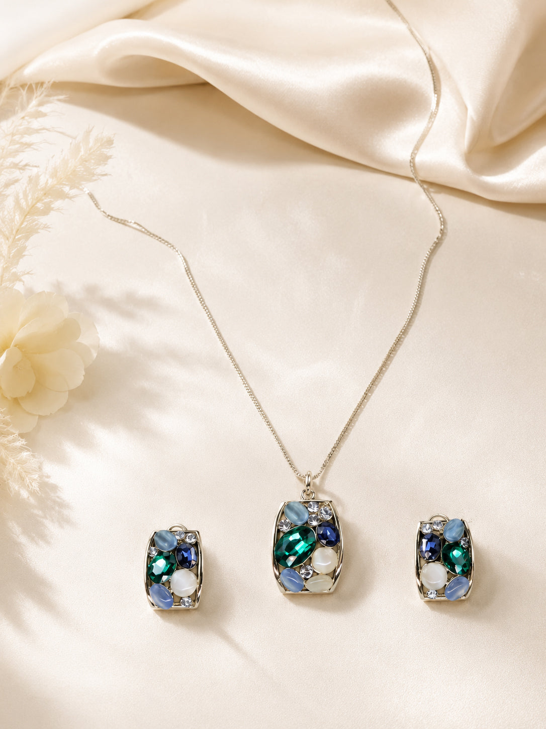 Aanura Pastel Green Peach Rectangular Necklace & Earrings