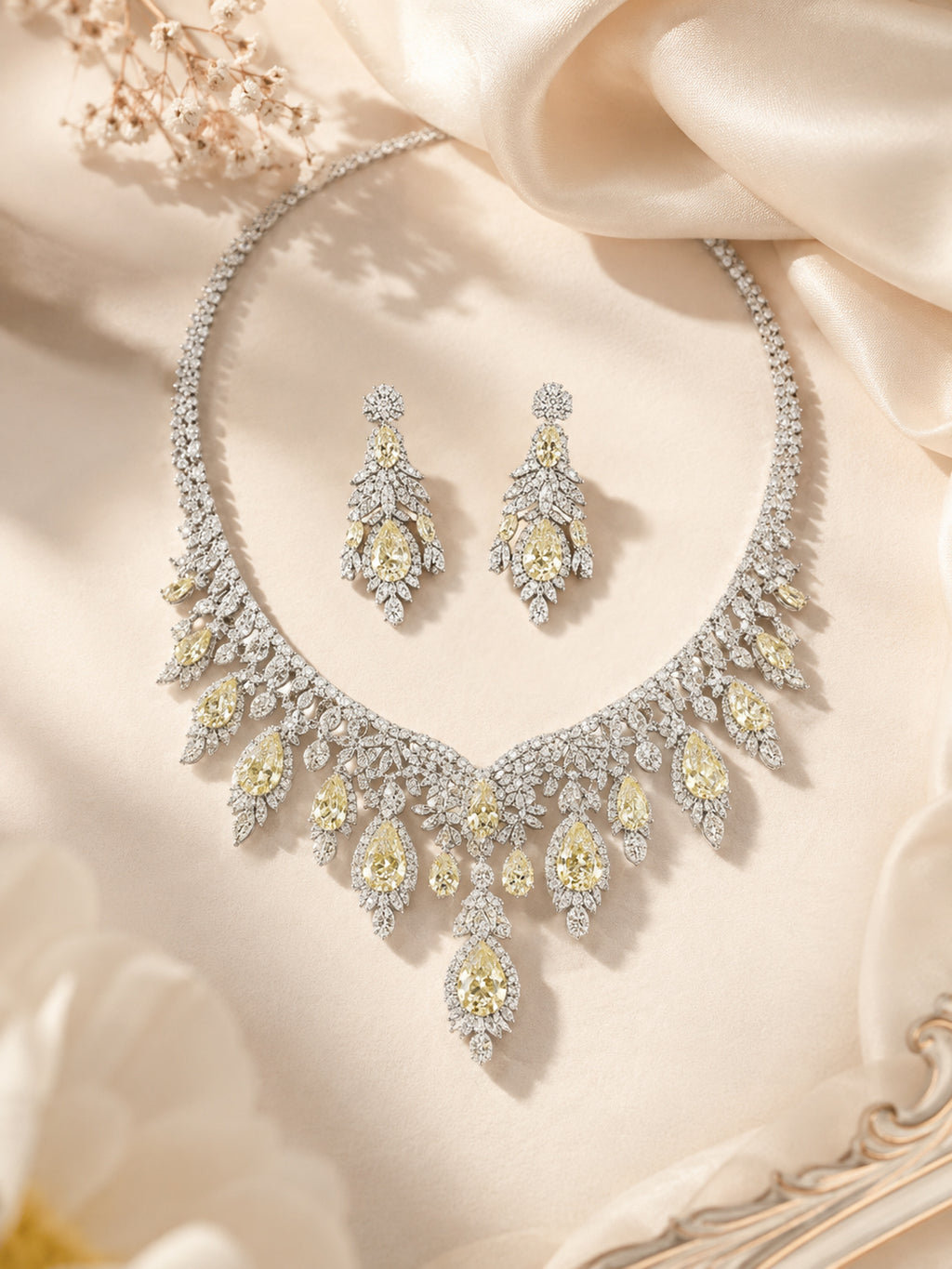 Aanura Yellow Teardrop Floral Necklace Set Stainless Steel