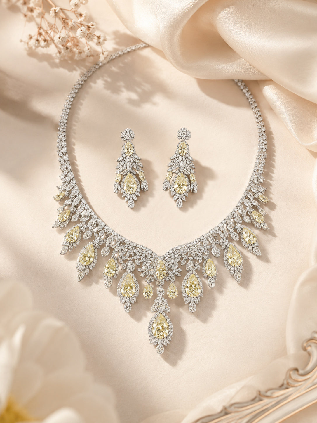 Aanura Yellow Teardrop Floral Necklace Set Stainless Steel