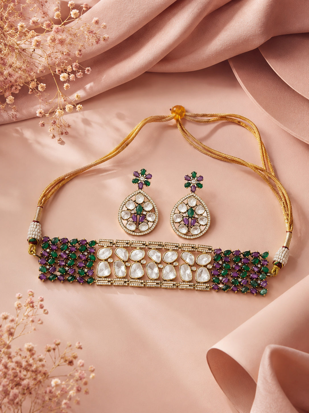 Aanura Emerald Green Kundan Choker Necklace Set