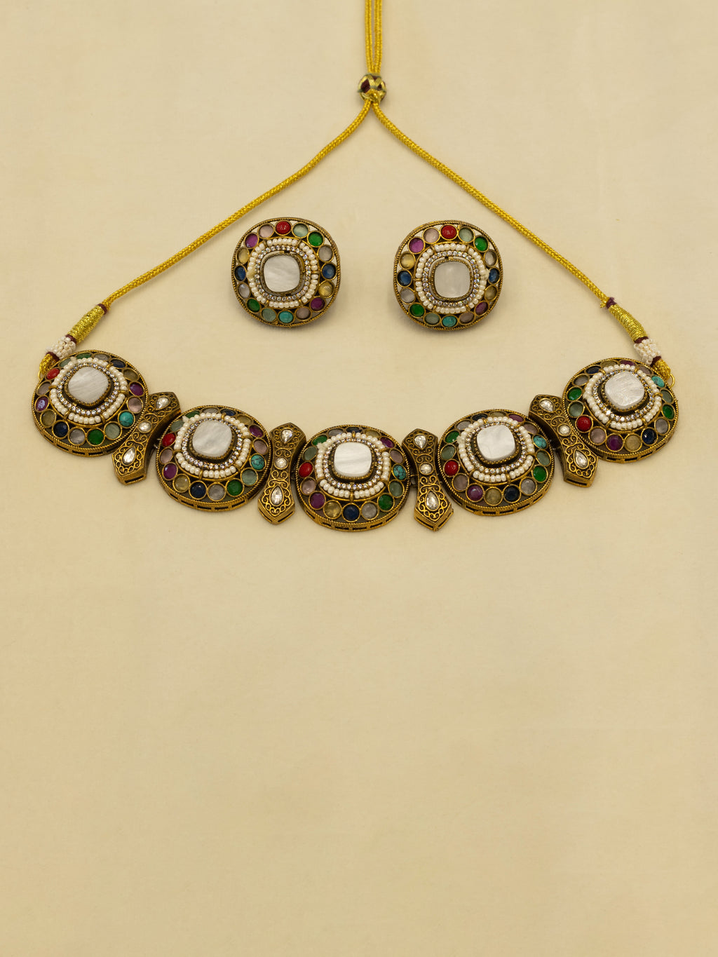 Aanura Navratna Choker Necklace with Green Center Stones