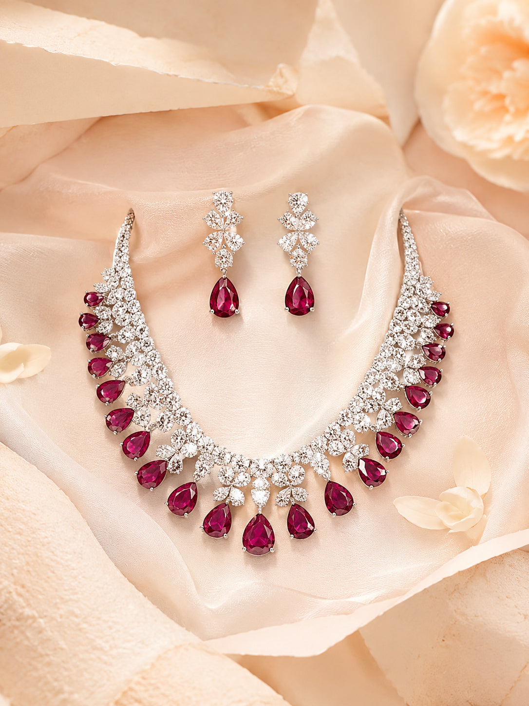 Aanura Ruby Teardrop Floral Necklace Set