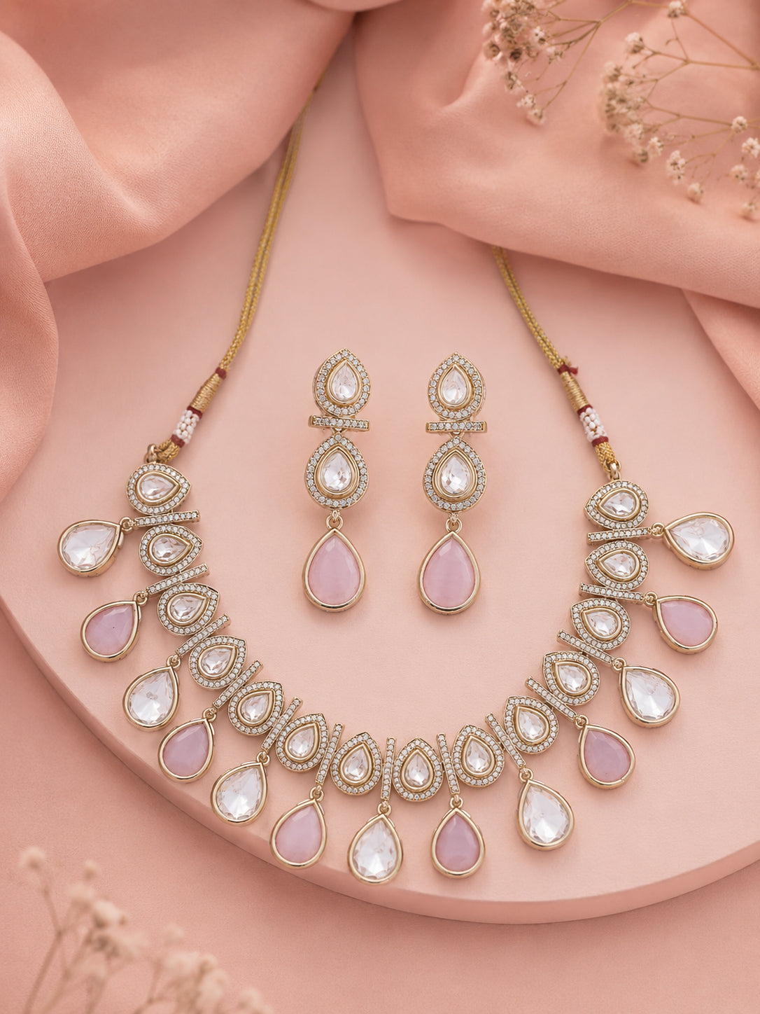 Aanura Teardrop Kundan Necklace with Dual-Tone Drops & Earrings