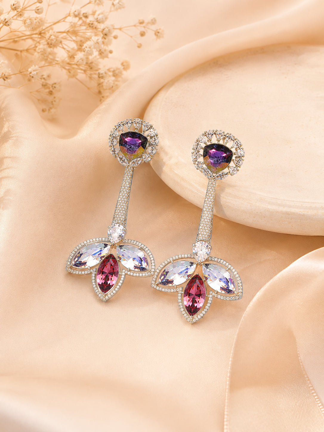 Aanura Iridescent & CZ Floral Dangle Earrings