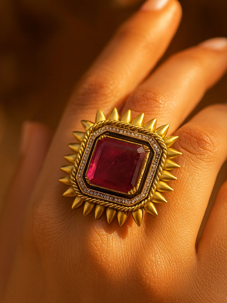 Aanura Gold-Plated Square Green Stone Statement Ring
