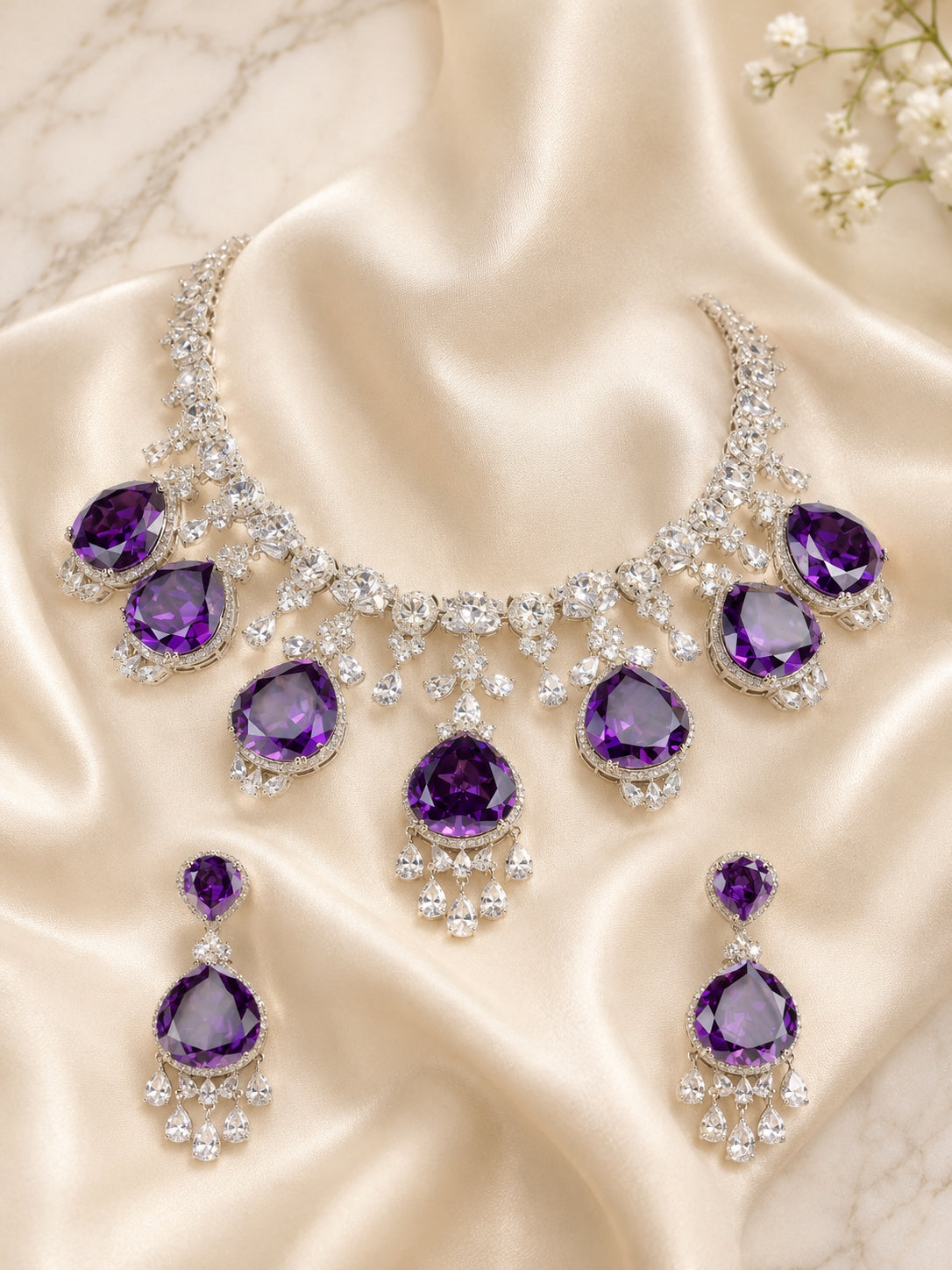 Aanura Royal Purple Crystal Drop Necklace Set Stainless