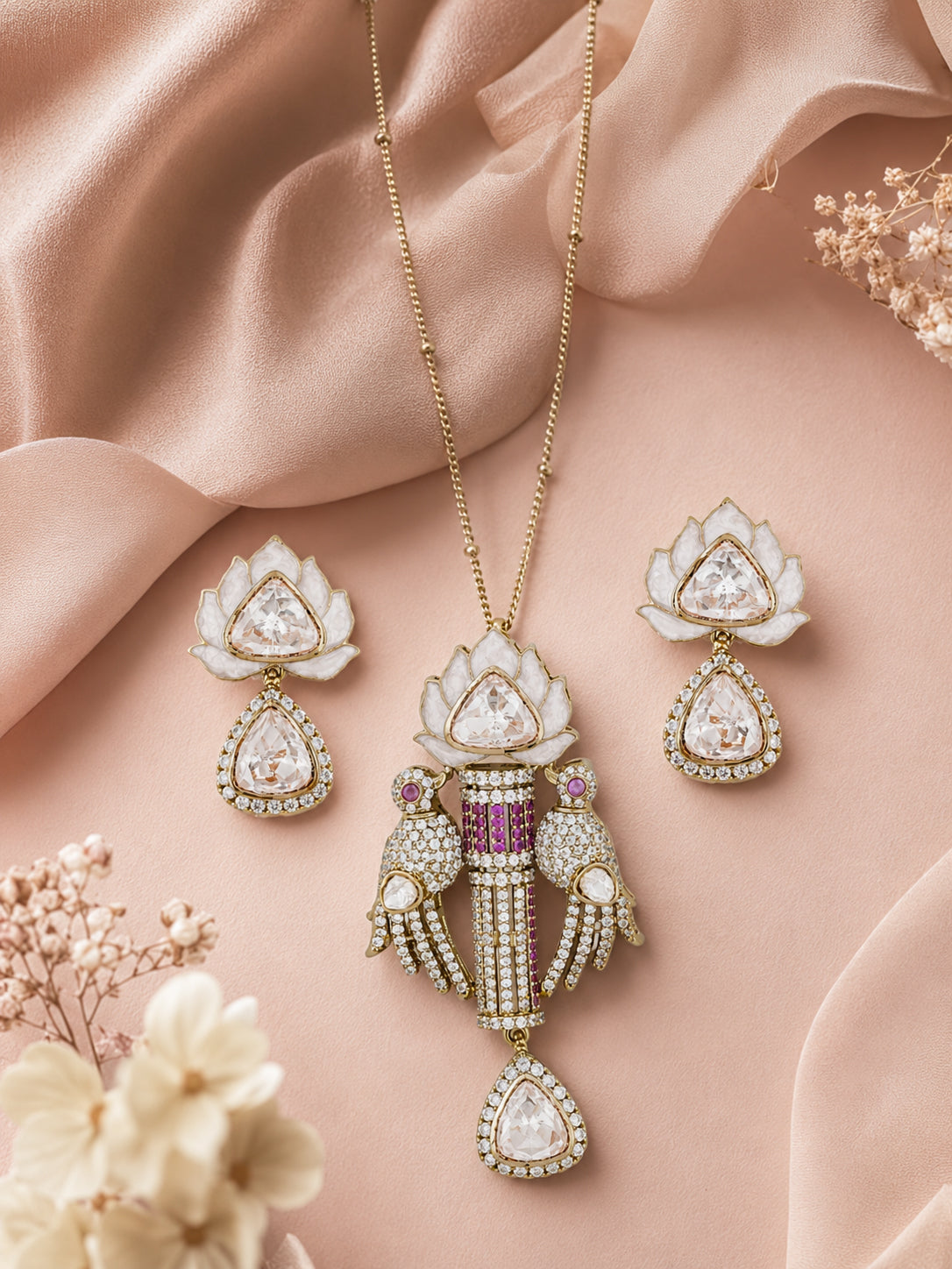 Aanura Lotus Motif Long Necklace Set with Earrings