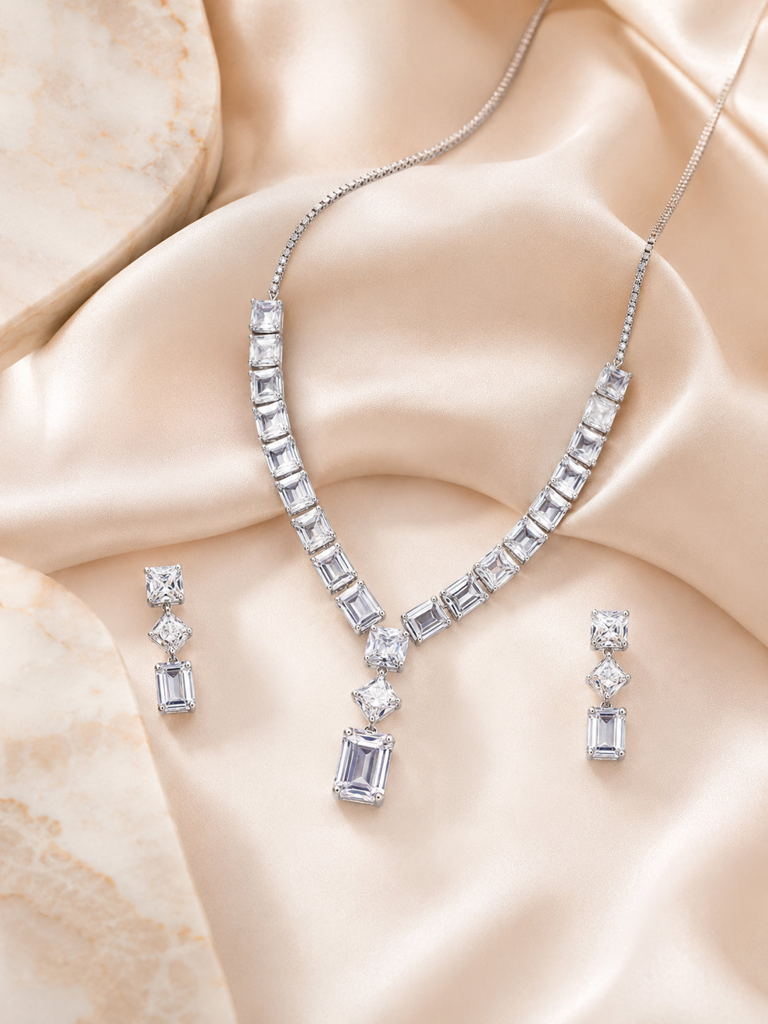 Aanura Emerald-Cut Diamond Necklace Set with Earrings