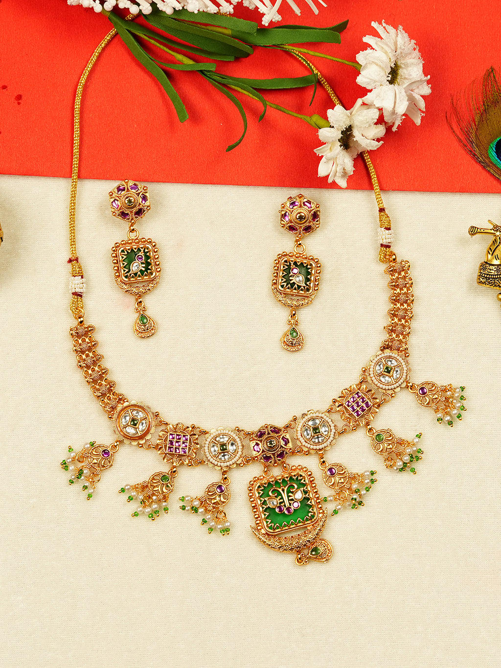 Aanura Gold Plated Royal Pendant Necklace Set