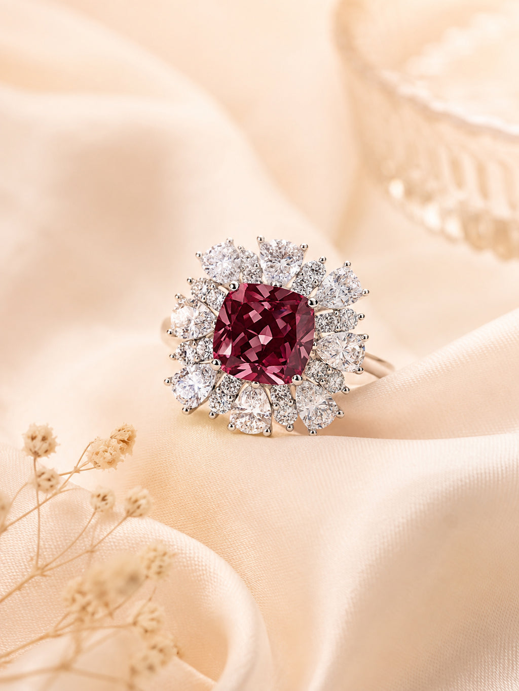 Rhodium Plated Red Cushion Anti-Tarnish Waterproof Ring