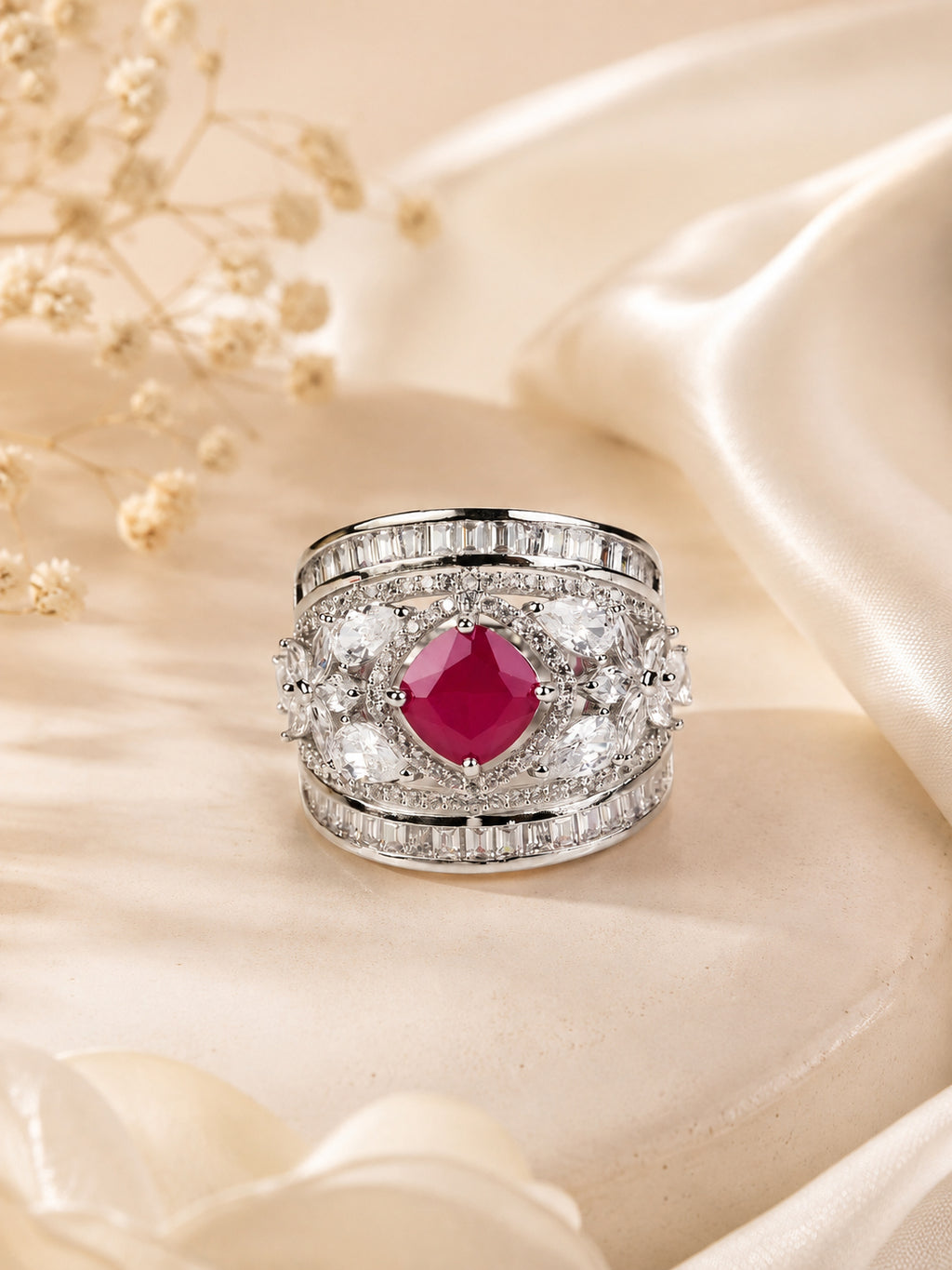 Rhodium Plated Multi Crystal Anti-Tarnish Waterproof Ring