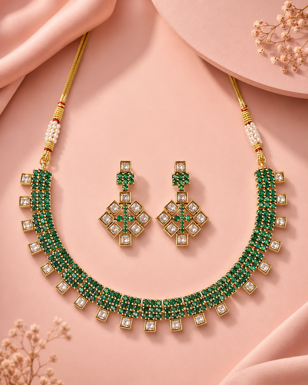 Aanura Green Beaded Choker Necklace Set with Earrings