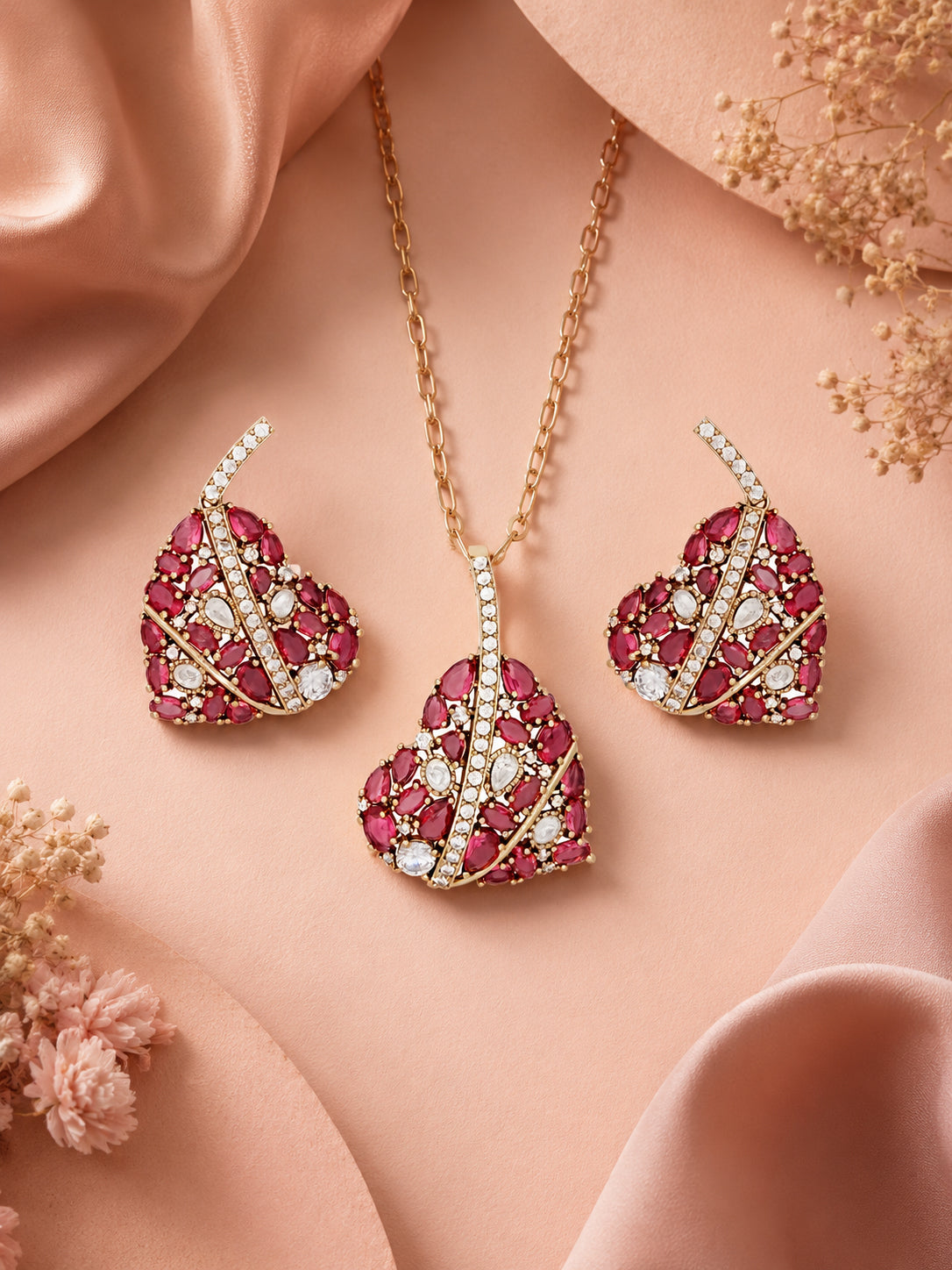 Aanura Green Leaf Pendant Necklace & Earrings