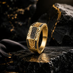 18K Gold Plated Silver Stone Grid Anti-Tarnish Demi-Fine Ring for Men