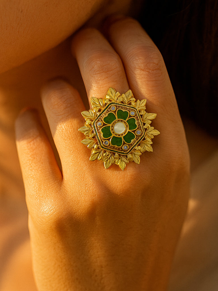 Aanura Gold-Plated Hexagon Green Floral Ring