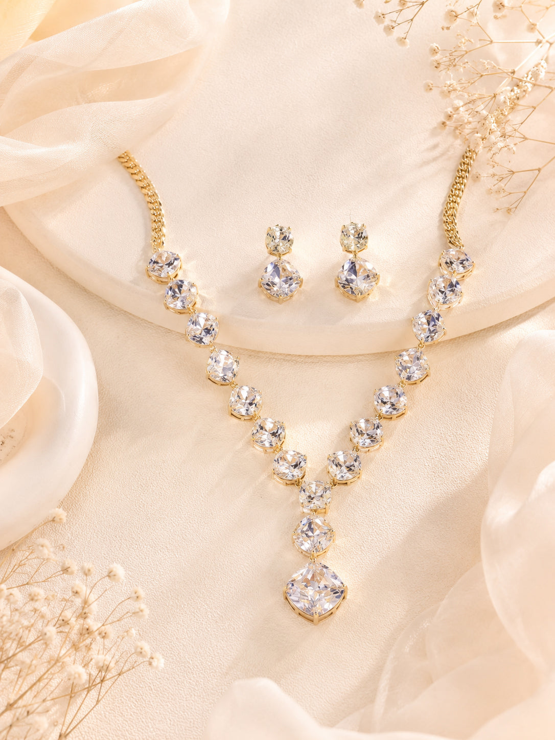 Aanura Clear Crystal Drop Necklace Set in Stainless Steel