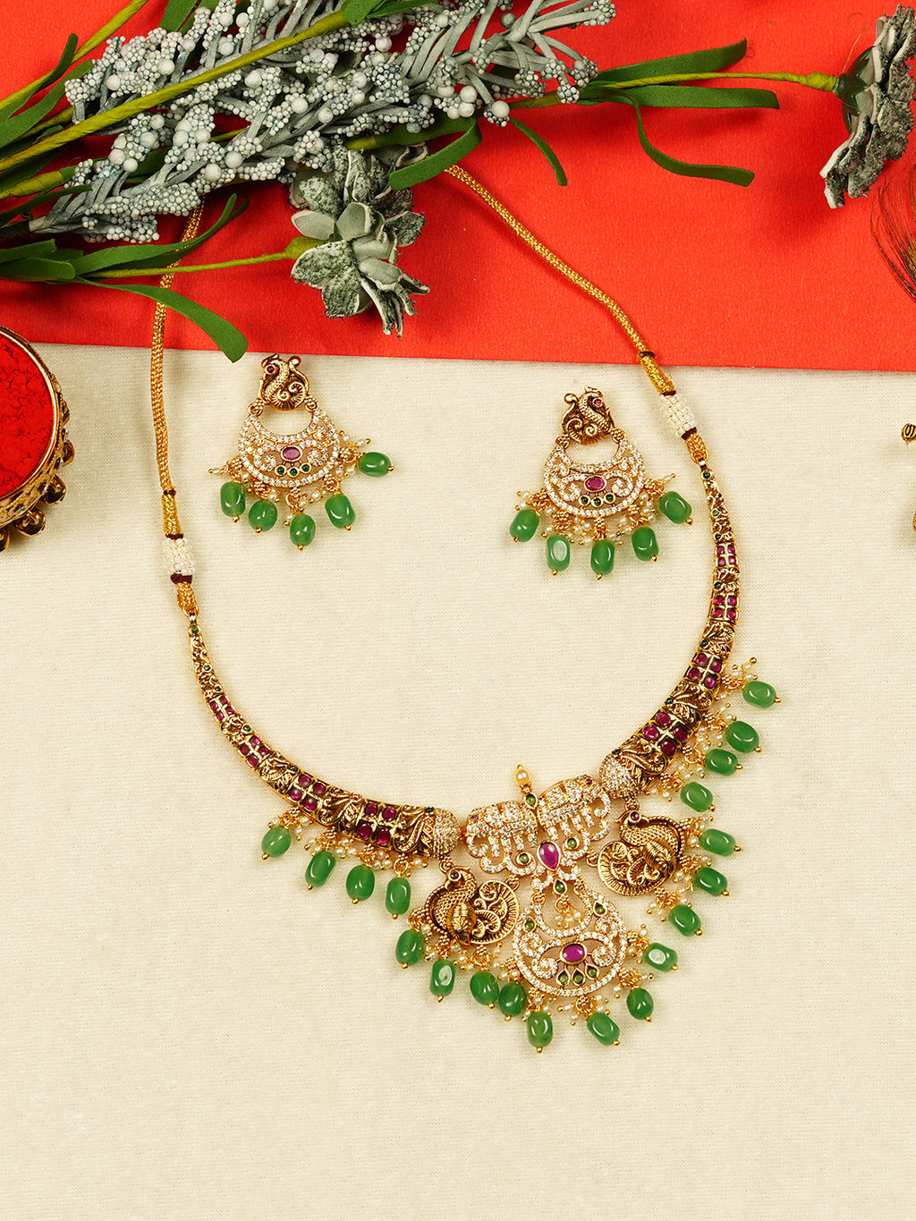 Aanura Gold Plated Temple Necklace & Earring Set