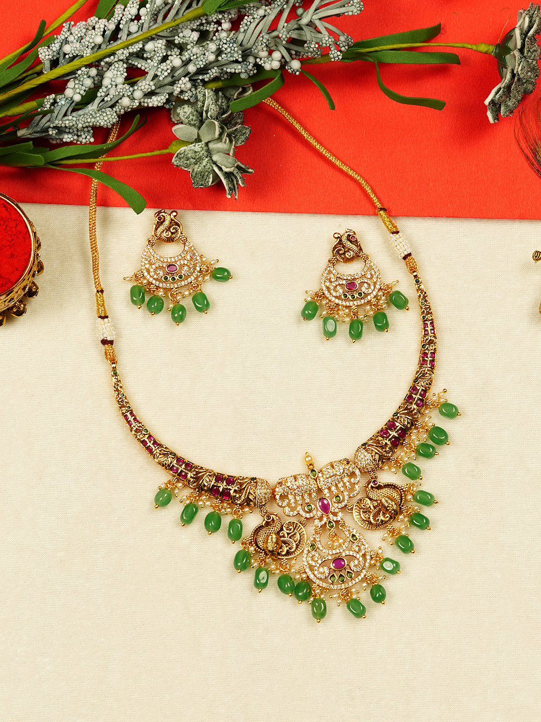 Aanura Gold Plated Temple Necklace & Earring Set