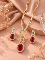 Aanura Red Stone Chain-Link Necklace with Earrings