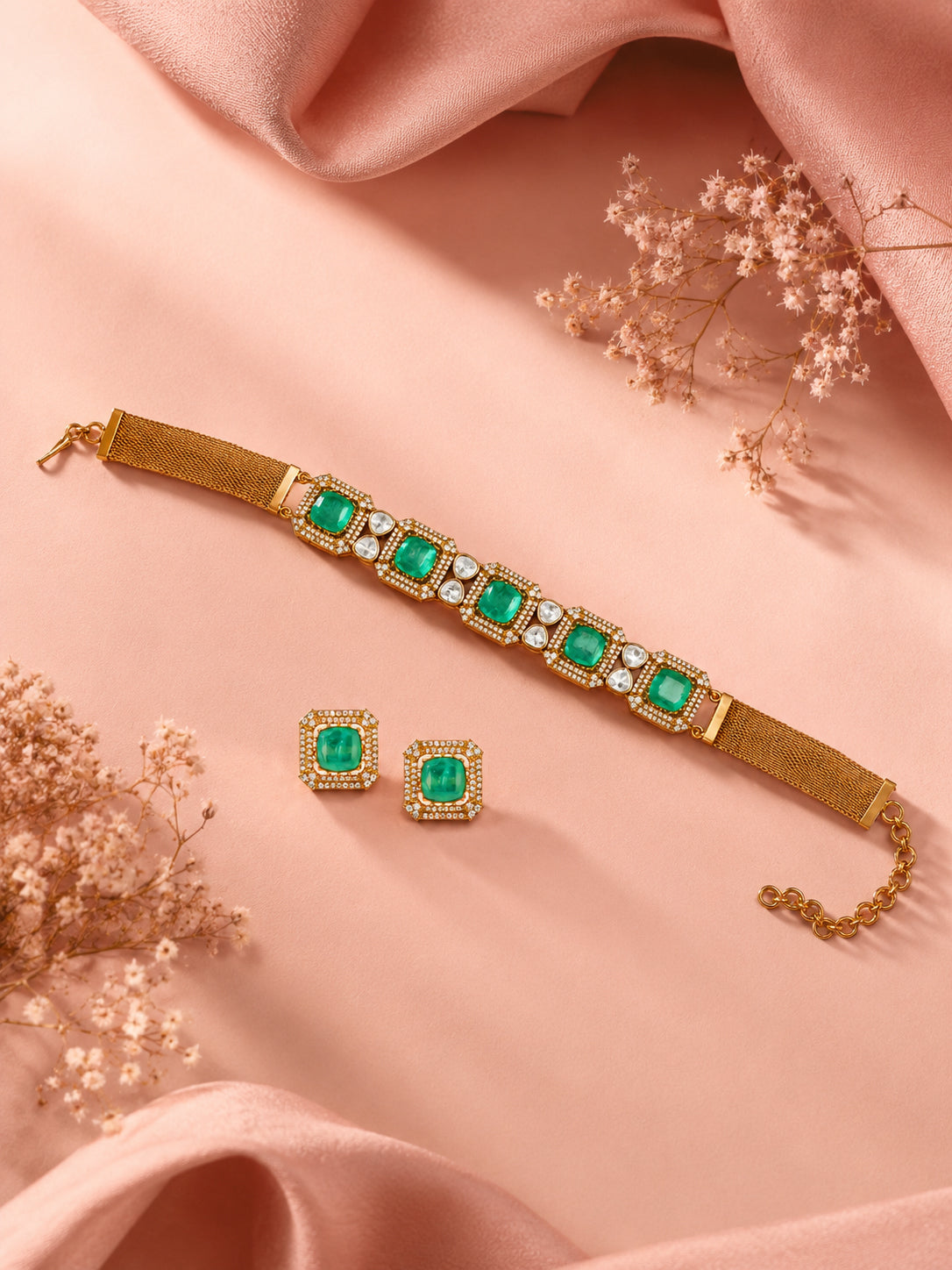 Aanura Green Square-Cut Stone Choker Necklace Set