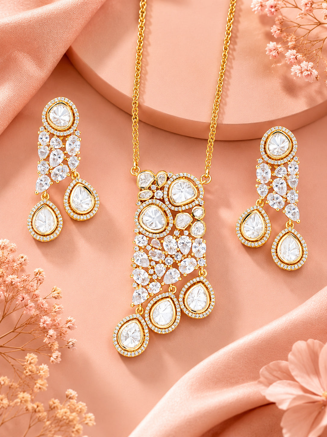 Aanura Ruby & Kundan Long Pendant Necklace Set with Earrings