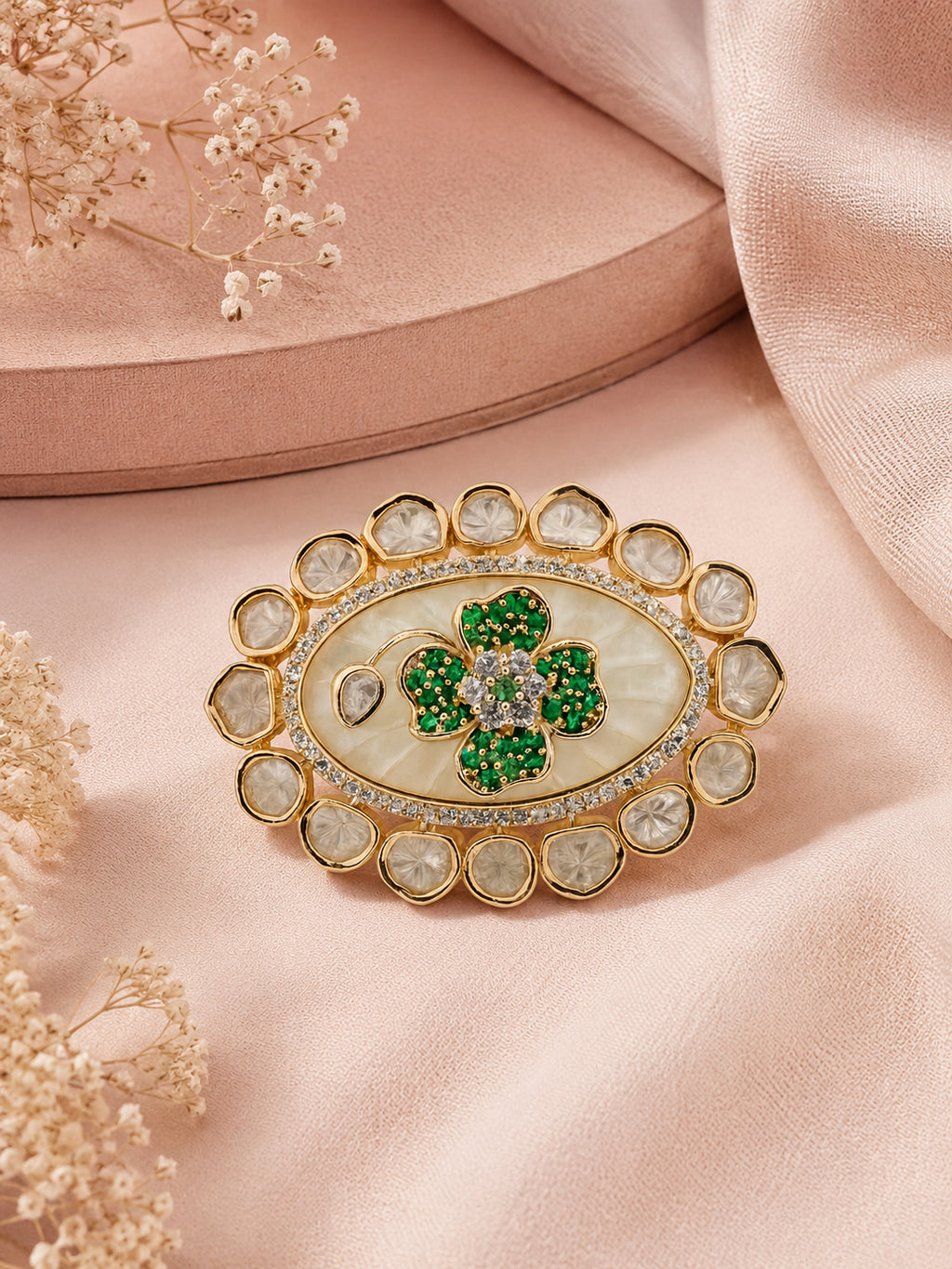 Aanura Gold-Plated Floral Oval Ring with Stones
