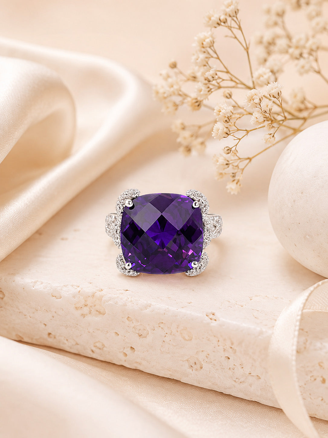 Rhodium Plated Purple Pavé Anti-Tarnish Waterproof Ring