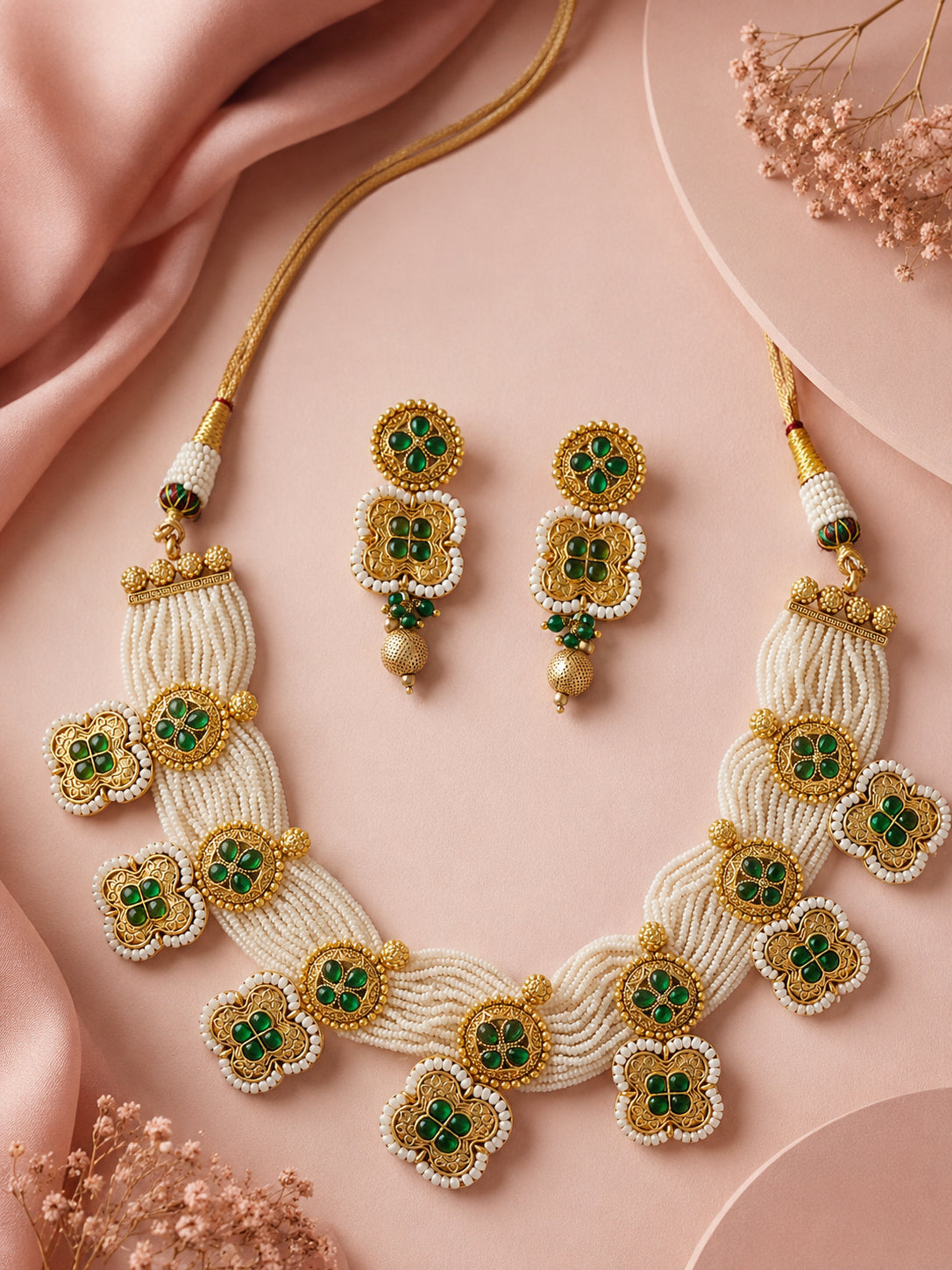 Aanura White Beaded Kundan Choker Necklace with Motifs