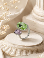 Rhodium Plated Green & Pink Double Crystal Open Ring