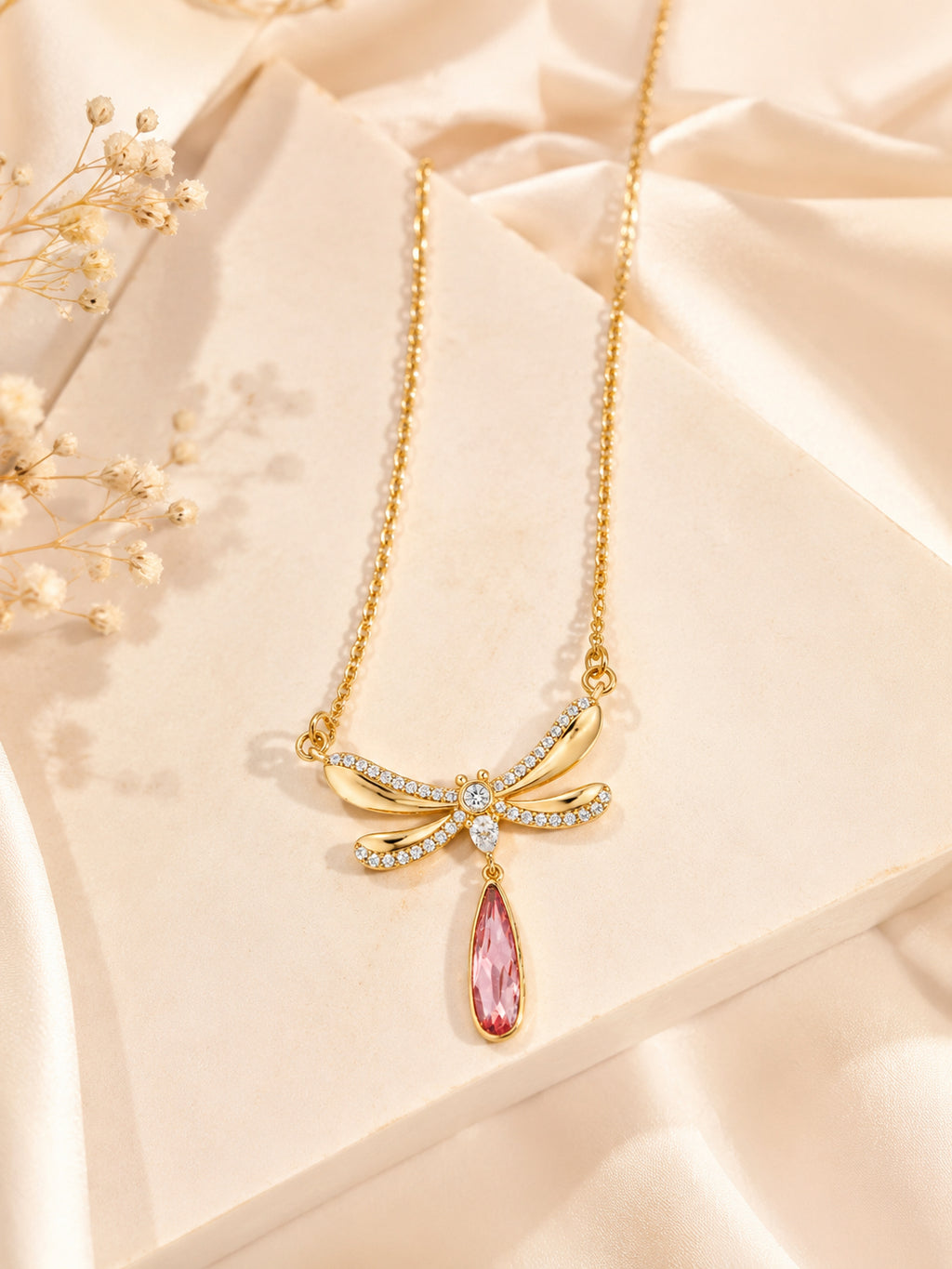 18K Gold Plated Pink Wing Teardrop Necklace