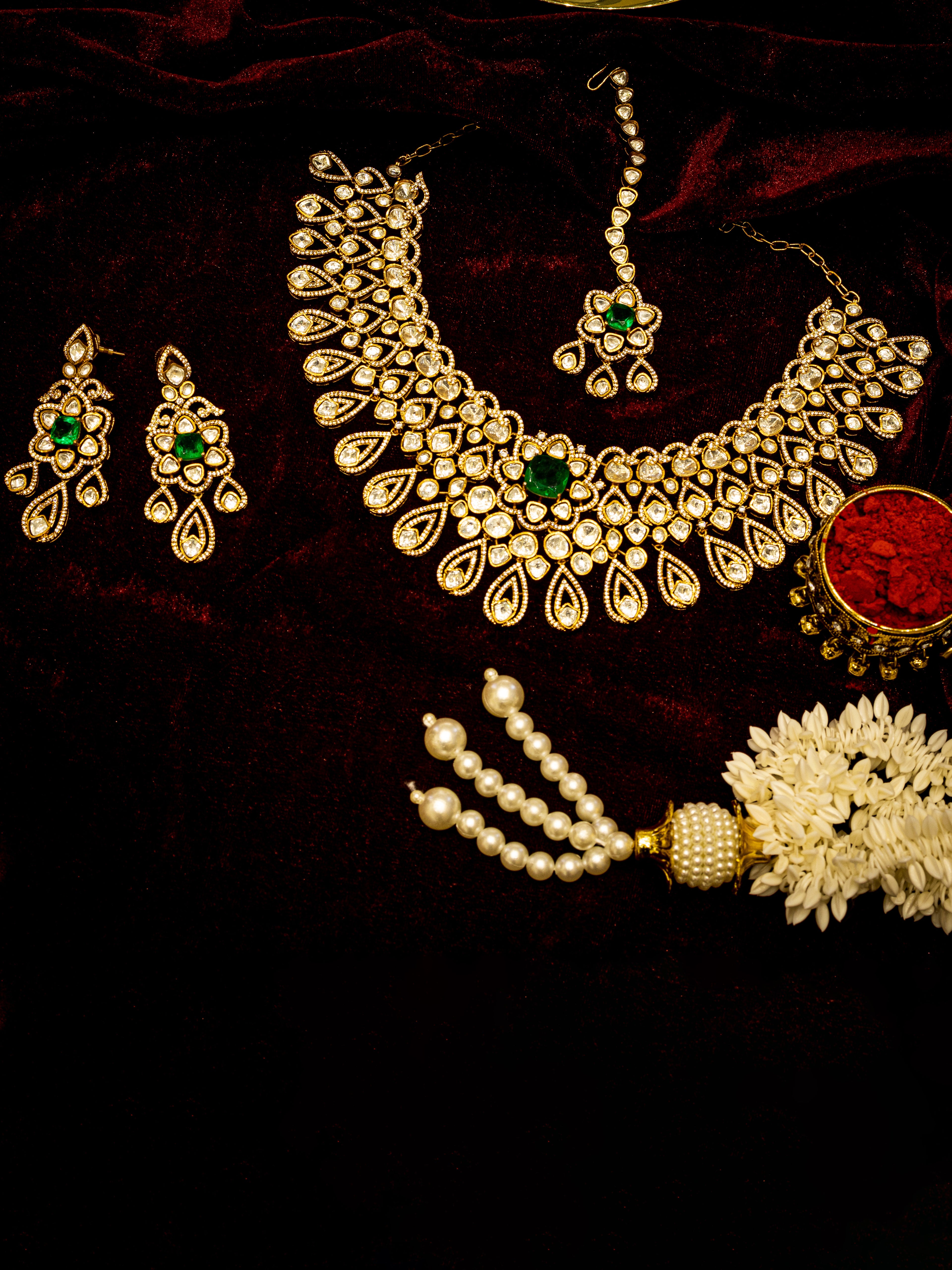Aanura Bridal Emerald Kundan Necklace with Tikka Set