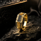 18K Gold Plated Silver Stone Grid Anti-Tarnish Demi-Fine Ring for Men