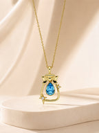 18K Gold Plated Sea Blue Teardrop Bow Charm Necklace
