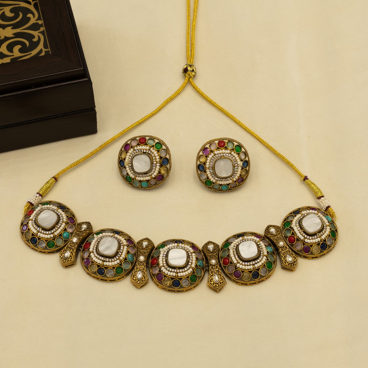 Aanura Navratna Choker Necklace with Green Center Stones